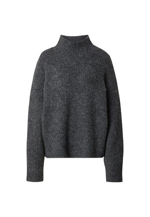 Grijze, textured coltrui met lange mouwen, met een losse pasvorm en geribbelde cuffs. De stof lijkt zacht en warm te zijn.