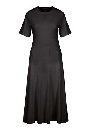 Abito nero a maniche corte con scollatura rotonda, gonna a campana e un design di pieghe sottili, realizzato in tessuto liscio e leggero.