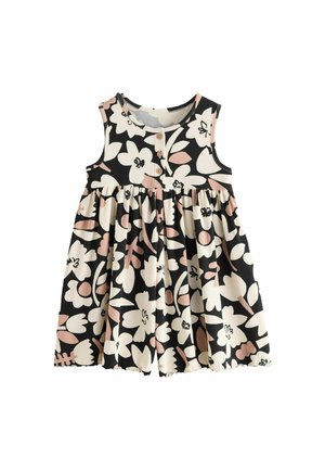 Sukienka dla malucha bez rękawów z dużym beżowo-różowym kwiatowym wzorem na czarnym tle, z okrągłym dekoltem i trzema drewnianymi guzikami z przodu.