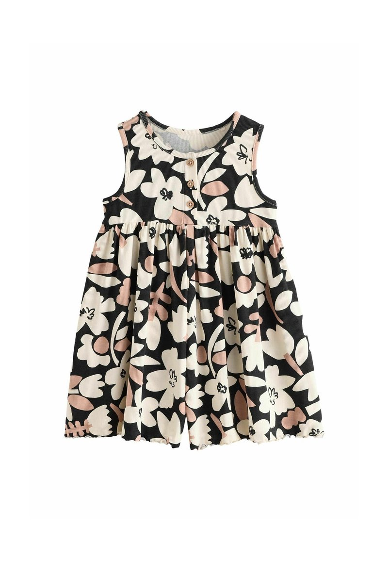 Robe sans manches pour tout-petit avec un grand motif floral beige et rose clair sur fond noir, dotée d'un col rond et de trois boutons en bois sur le devant.