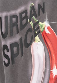Grafisches T-Shirt mit roten und weißen Chilischoten auf grauem Hintergrund, mit fettem schwarzen Text, der "URBAN SPICE" liest. Strukturiertes Druckdesign.