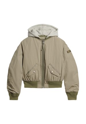 Giacca bomber con esterno marrone chiaro, cappuccio grigio, polsini elasticizzati e due tasche frontali con chiusura a pressione. Tessuto testurizzato con orlo a costine.