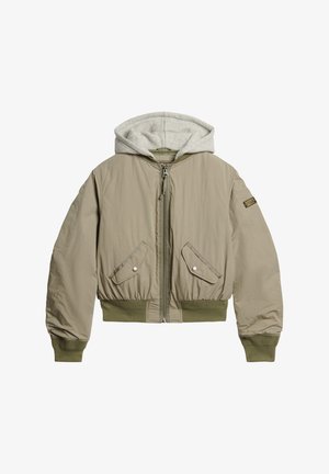 Chaqueta bomber con un exterior de color marrón claro, capucha gris, puños elásticos y dos bolsillos delanteros con cierres a presión. Tejido texturizado con dobladillo acanalado.