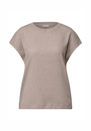 Light gray t-shirt with a textured fabric, cap sleeves, and a round neckline. Features a relaxed fit and hemline. Brand label visible.