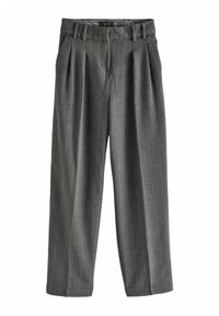 Grijze wolblend broek met verticale strepen, een hoge taille met plooien en een relaxte pasvorm. Inclusief riemlussen en een getailleerd ontwerp.
