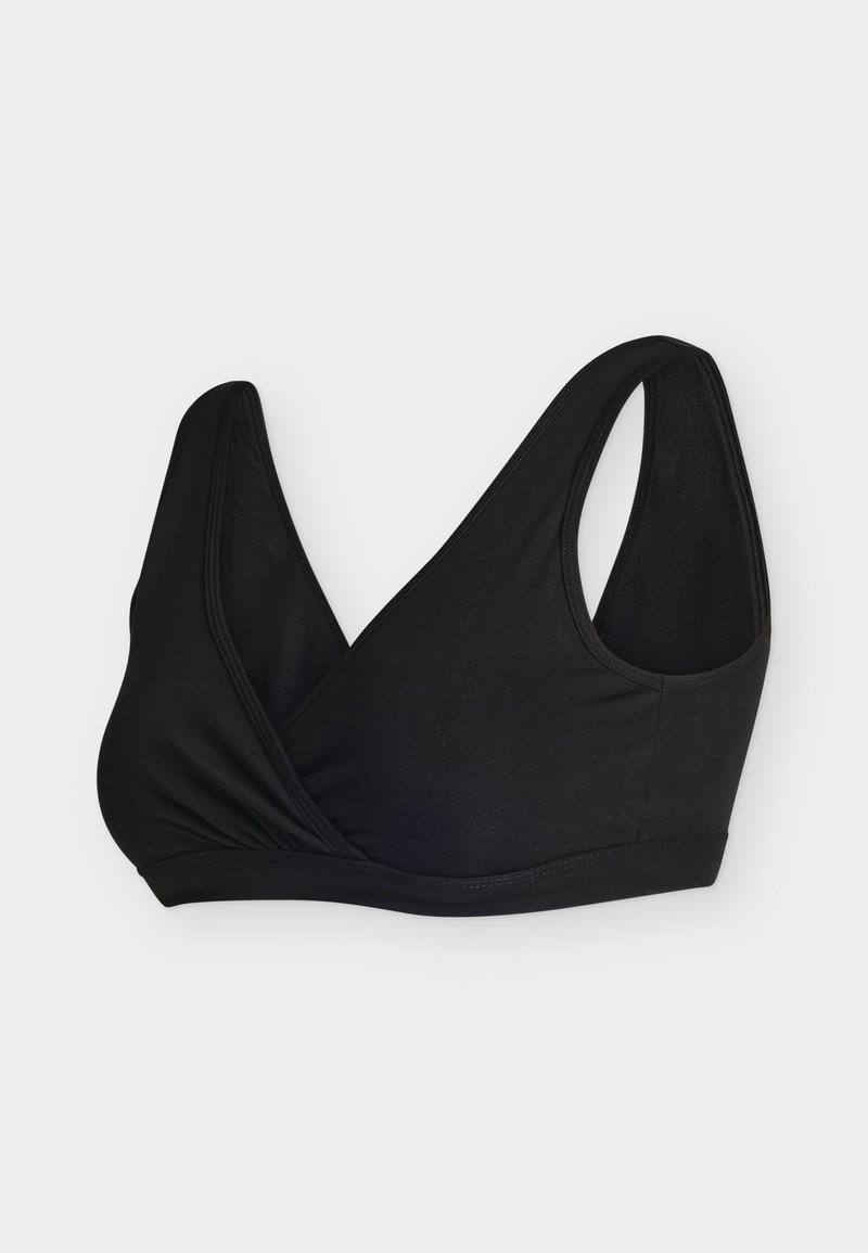 Soutien-gorge en tissu noir doux avec larges bretelles et devant portefeuille, conçu pour le confort et un maintien modéré.