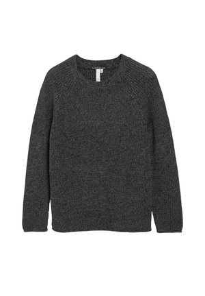 Dark gray knitted long-sleeve sweater with round neckline, laid flat on white background.