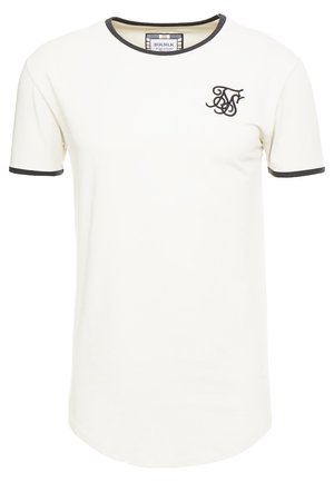 Kremowy T-shirt z krótkim rękawem, czarnym prążkowanym kołnierzykiem i wykończeniem rękawów. Na górnej, lewej części piersi małe czarne logo.