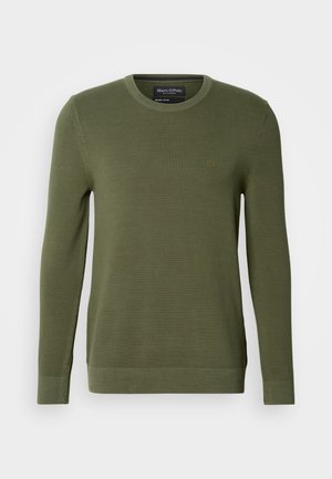 Olive green knit sweater with a round neck, long sleeves, and ribbed cuffs. Subtle logo detail on the chest. Textured pattern throughout.