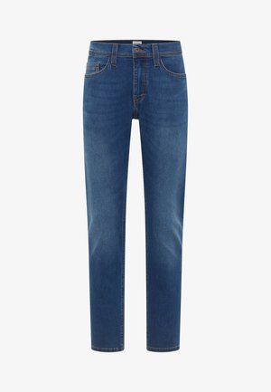 Tumed sinised teksad sirge sääre lõikega. Omab viit taskut, vöökohas aasasid ja kontrastset õmblust õmblustel.