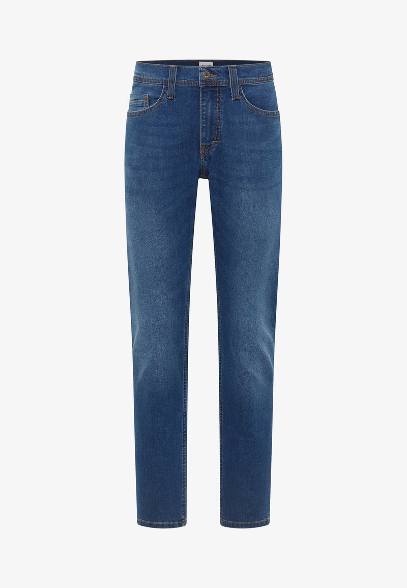 Jeans din denim de culoare albastru închis, cu croială dreaptă. Dispune de cinci buzunare, bucle pentru curea și cusături contrastante pe cusături.