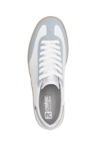 White sneaker with light blue suede accents, textured upper, flat white laces, and a gum rubber sole. Features logo on inner lining.