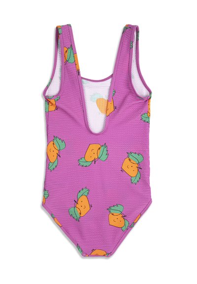 Lilla tekstureret badedragt med dyb rund halsudskæring og orange gulerodsmønster med grønne blade.