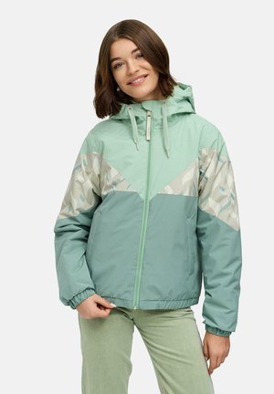 Veste vert menthe avec une capuche, présentant des accents de motifs géométriques dans une teinte plus claire. Le design inclut un ourlet et des poignets élastiques.