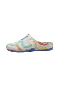 Zuecos de fieltro con una base gris suave, que presentan un patrón abstracto multicolor en acentos verde, naranja, azul y amarillo. Suela azul.