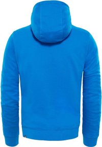 Sudadera azul con capucha, mangas largas y puños acanalados. Fabricada con un tejido suave de un color sólido y sin patrones o acentos visibles.