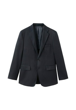 Jednodielny čierny pánsky blejzer s výrezom na klopách, dvoma prednými vreckami s klapkami, náprsným vreckom a zapínaním na jedno gombík, zobrazený na bielom pozadí.