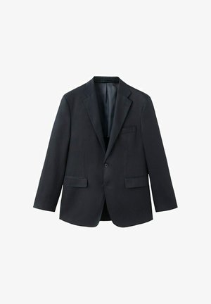 Sacou negru pentru bărbați, cu revere decupate, două buzunare frontale cu clapetă, buzunar la piept și închidere cu un singur nasture, prezentat pe fundal alb.