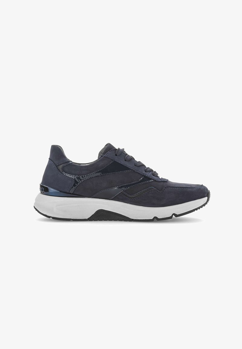 Navy suede sneaker with smooth leather accents, lace-up design, textured rubber outsole, and white foam midsole. Side logo detail included.
