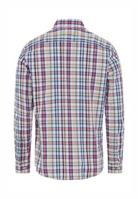 Langarmige geruite shirt van een katoenmix, met een veelkleurig ruitpatroon in blauw, roze, geel en bruin; standaardkraag.