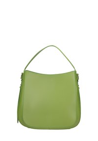 Borsa verde realizzata in pelle liscia, con un design curvo, base piatta e un'unica maniglia arrotondata. Senza hardware o decorazioni visibili.