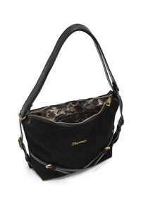 Borsa a tracolla in suede nero con un design bicolore, caratterizzata da una cerniera dorata, accessori in oro e una fodera in tessuto stampato. Con spallaccio singolo.