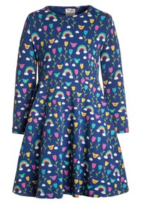 Marineblaues Kleid aus Bio-Baumwolle mit langen Ärmeln. Es zeichnet sich durch ein Blumen- und Regenbogenmuster in lebendigen Farben sowie einen ausgestellten Rock aus.