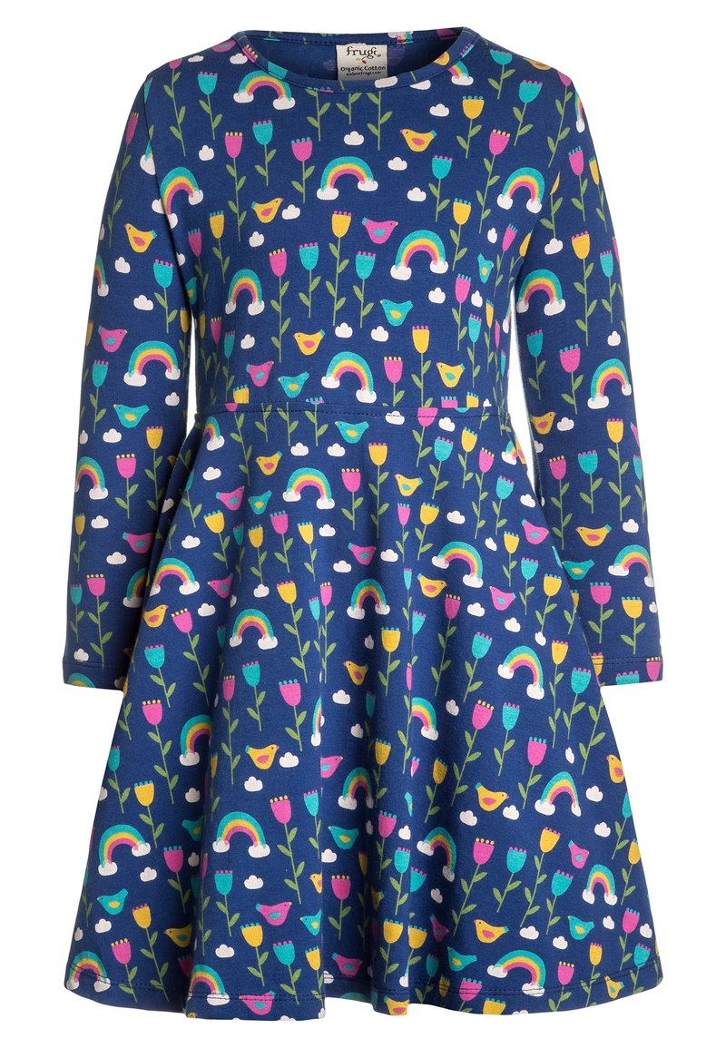 Marineblaues Kleid aus Bio-Baumwolle mit langen Ärmeln. Es zeichnet sich durch ein Blumen- und Regenbogenmuster in lebendigen Farben sowie einen ausgestellten Rock aus.