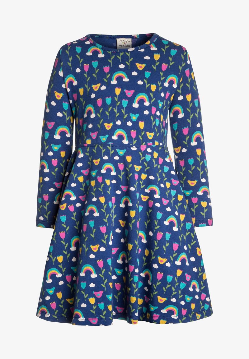 Marineblå kjole i økologisk bomuld med lange ærmer. Har et blomstret og regnbuemønster i livlige farver, design med vid nederdel.