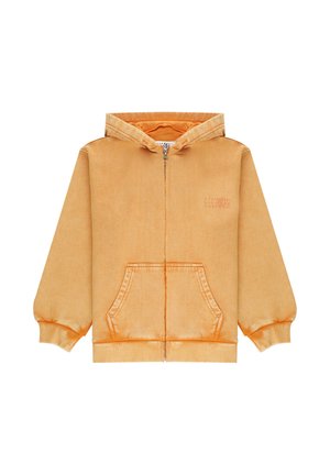 Felpa con cappuccio arancione con cerniera, tasca frontale a marsupio, polsini elastici e piccolo logo sbiadito sul petto sinistro.