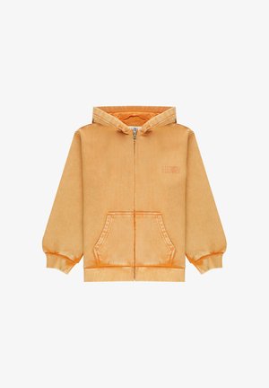 Felpa con cappuccio arancione con cerniera, tasca frontale a marsupio, polsini elastici e piccolo logo sbiadito sul petto sinistro.