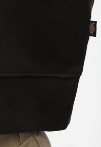 Felpa nera con polsini e orlo a coste, caratterizzata da un'etichetta tessuta sul lato. Texture morbida, design semplice e senza motivi visibili.