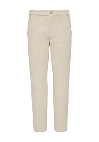 Pantalon en coton beige avec une coupe droite, doté d'une fermeture à bouton et de passants de ceinture, texture lisse et sans motifs visibles.
