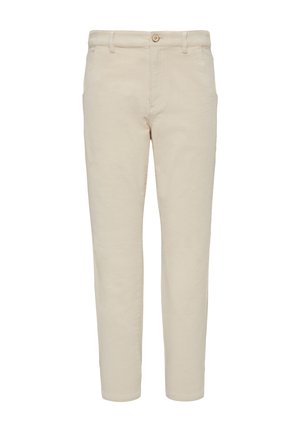 Beige katoenen broek met een recht design, voorzien van een knoopsluiting en riemlussen, een gladde textuur en zonder zichtbare patronen.