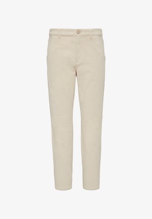 Beige katoenen broek met een recht design, voorzien van een knoopsluiting en riemlussen, een gladde textuur en zonder zichtbare patronen.