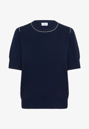 Marineblaues Kurzarm-Pullover mit weißen Akzenten an Kragen und Schulternähten, gerippten Bündchen und Saum sowie Rundhalsausschnitt.