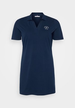 Navyblaues Polokleid mit kurzen Ärmeln, V-Ausschnitt und gesticktem Logo. Glattes Material, oberschenkel-lange, klassisches Design.