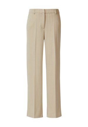 Beżowe spodnie o szerokich nogawkach z białymi pionowymi paskami. Wykonane z miękkiego materiału, z przednią plisą i bocznymi kieszeniami. Dopasowany krój w talii.