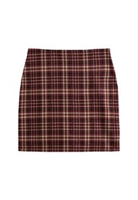 Falda de cuadros con una paleta de colores en tonos burdeos, beige y negro, diseño estructurado y textura suave con corte recto.