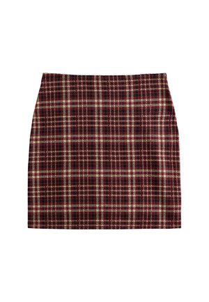 Geruite rok met een bordeauxrood, beige en zwarte kleurenschema, gestructureerd ontwerp en een soepele textuur met een rechte snit.