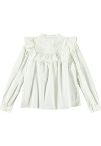 Camicia bianca a maniche lunghe con colletto volants e dettaglio frontale. Realizzata in un tessuto leggero, presenta sezioni arricciate e polsini con bottoni.