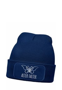 Navy blue knitted beanie with a ribbed texture and a fold-over cuff. Features a rectangular patch with a white butterfly and text "ALTER FALTER."