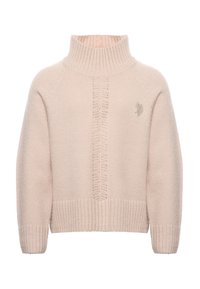 Maglione rosa chiaro lavorato a maglia con collo alto, polsini e orlo a coste. Presenta un pannello strutturato sulla parte anteriore e un piccolo dettaglio con logo.