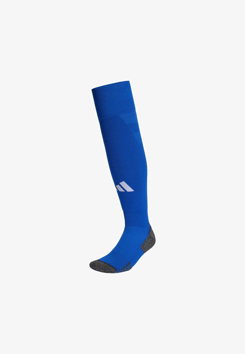 Blue knee-high sock with a textured design, gray heel and toe accents, and a white logo near the top. Made of stretchy, breathable material.
