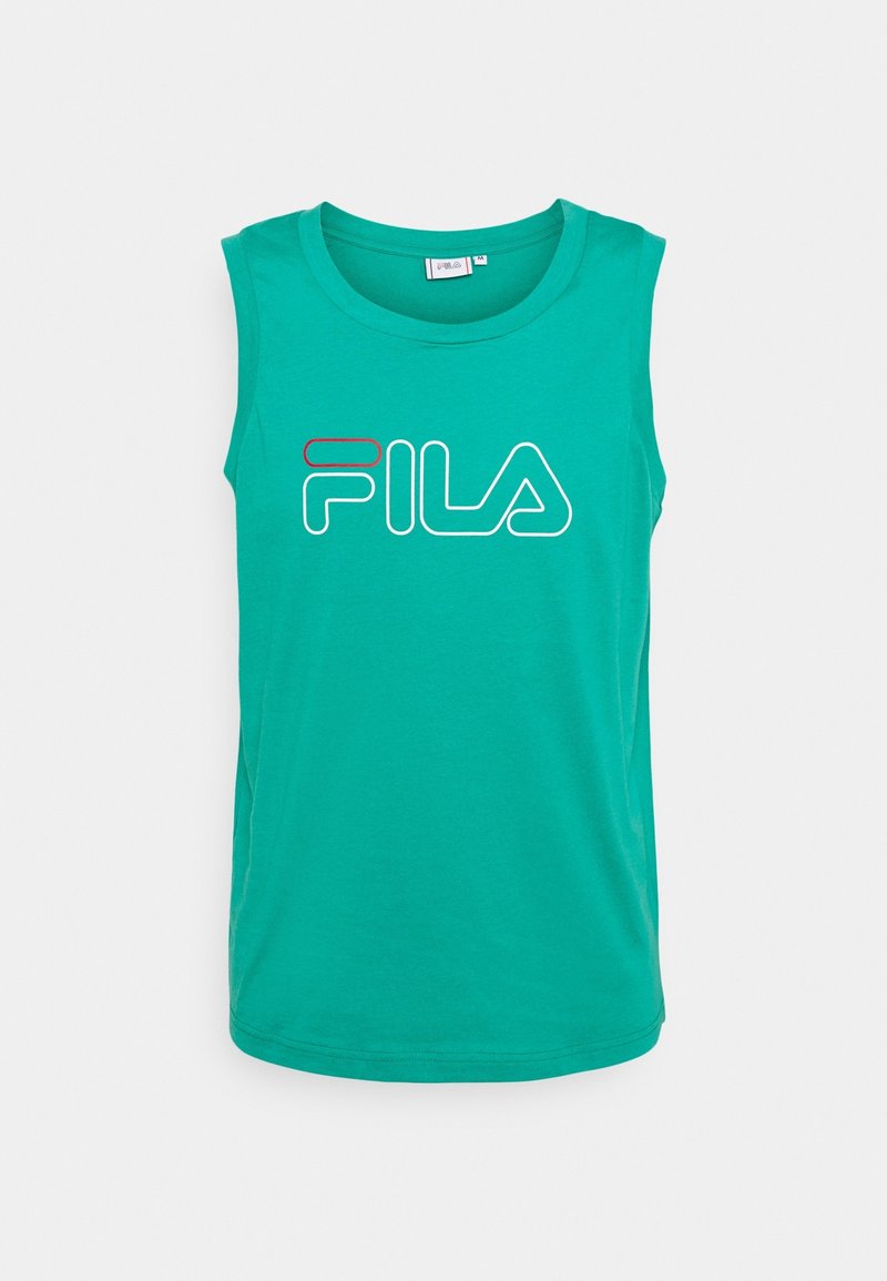 Zielony bezrękawnik Fila wykonany z bawełny, z białym logo w obrysie i czerwonym akcentem. Okrągły dekolt i prosty dół.