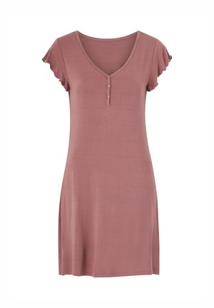 Kort, mauve natkjole lavet af blødt stof. Har V-hals, korte volangærmer og en tre-knaps lukning på forsiden.