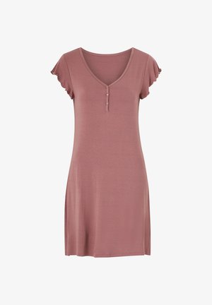 Korte, mauve nachtjapon gemaakt van zachte stof. Heeft een V-hals, korte gerimpelde mouwen en een drie-knops sluiting aan de voorkant.