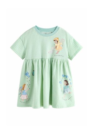 Grünes gestreiftes Kleid mit kurzen Ärmeln, einem gerafften Taillenbereich und Illustrationen von Kindern mit Blumen und einem Hasen.