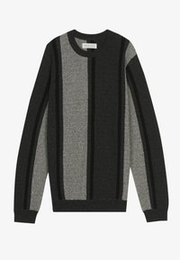 Maglione a maglia con strisce verticali in nero, grigio e grigio chiaro. Maniche e orlo a coste con design a girocollo. Texture morbida.