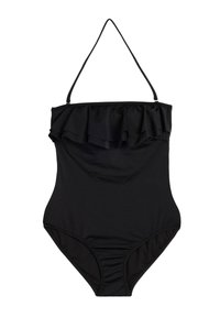 Maillot de bain noir une pièce avec un bord supérieur à volants, des bretelles halter, une texture lisse et une silhouette ajustée. Design classique avec un minimum de détails.